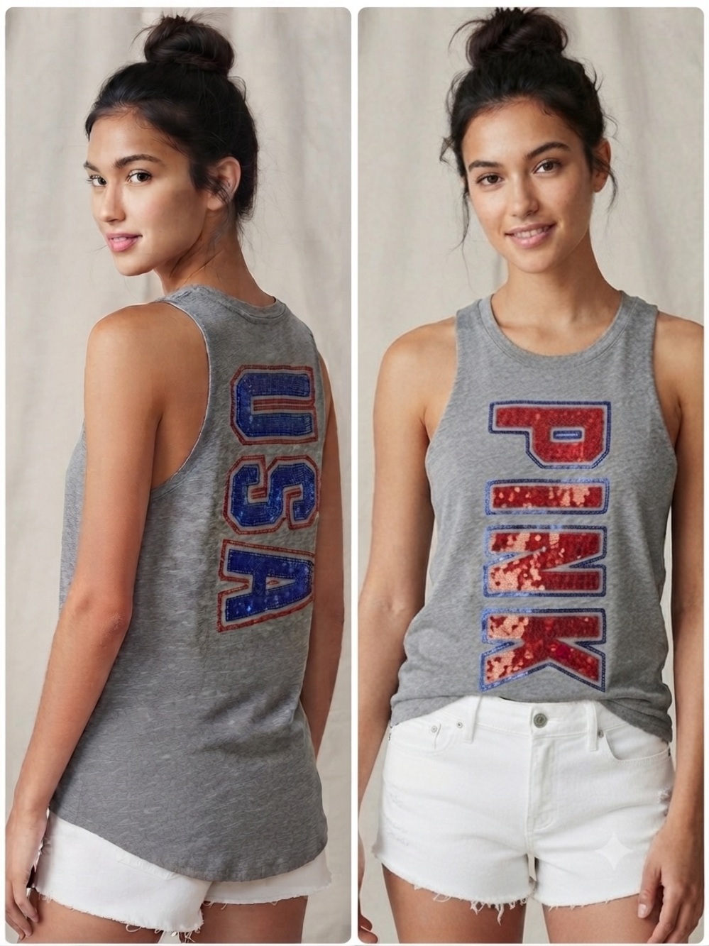 PINK Victoria's Secret Grey Sequin USA Racer Tank with Red and Blue Accents